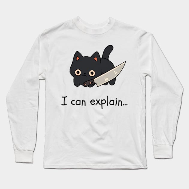 Kawaii Black Cat With Knife - I can explain... Long Sleeve T-Shirt by Seraphine